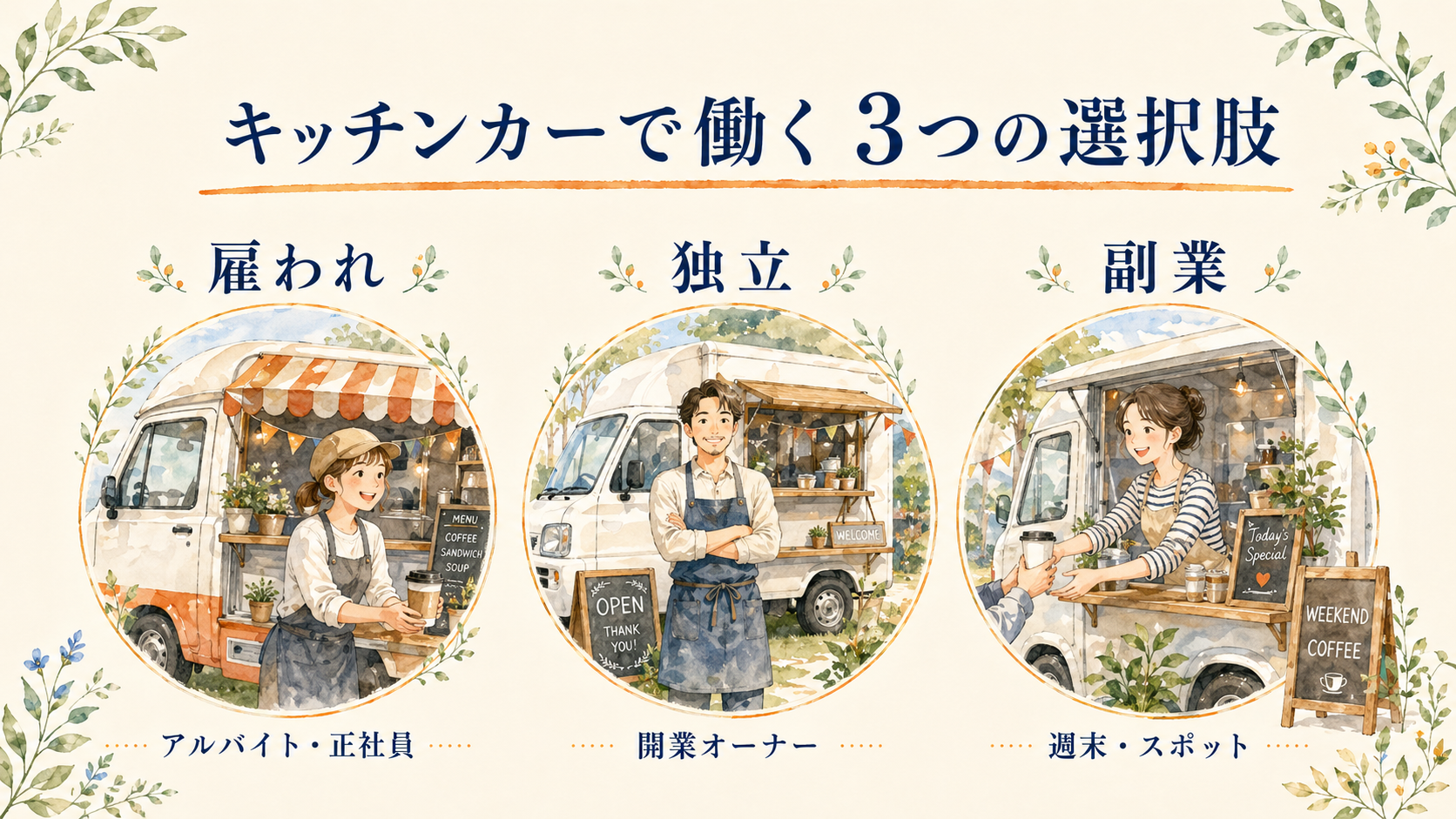 キッチンカーで働く3つの選択肢（雇われ・独立・副業）を表すイラスト