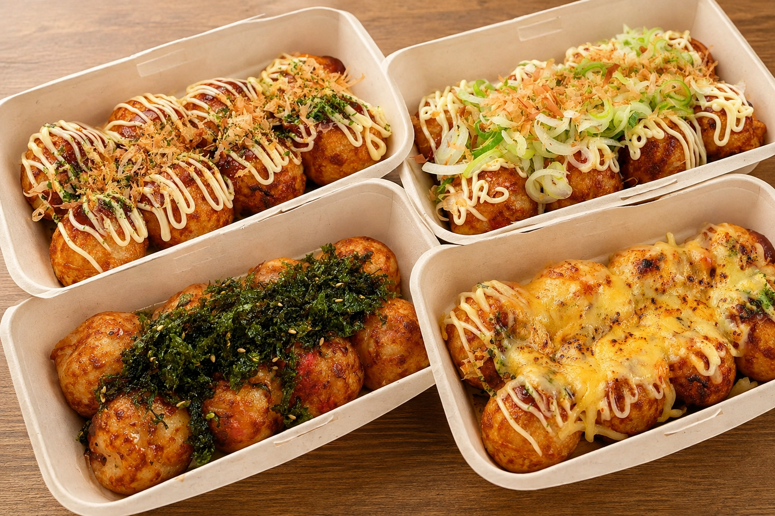 こく旨ソース、ねぎ塩、韓国チョレギ、炙りチーズ明太子の4種が並ぶたこ焼き
